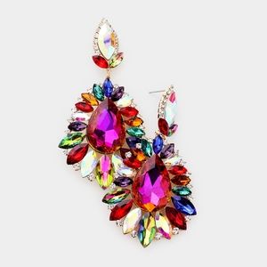 Colorful Cluster Marquise Stone Crystal Dangle Earrings Teardrop Evening Jewels